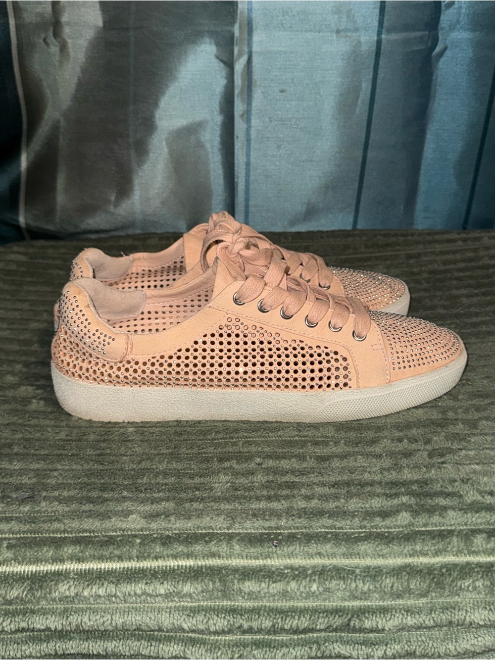 Vince Camuto Blush Pink Rhinestone Perforated Lace-Up Sneakers